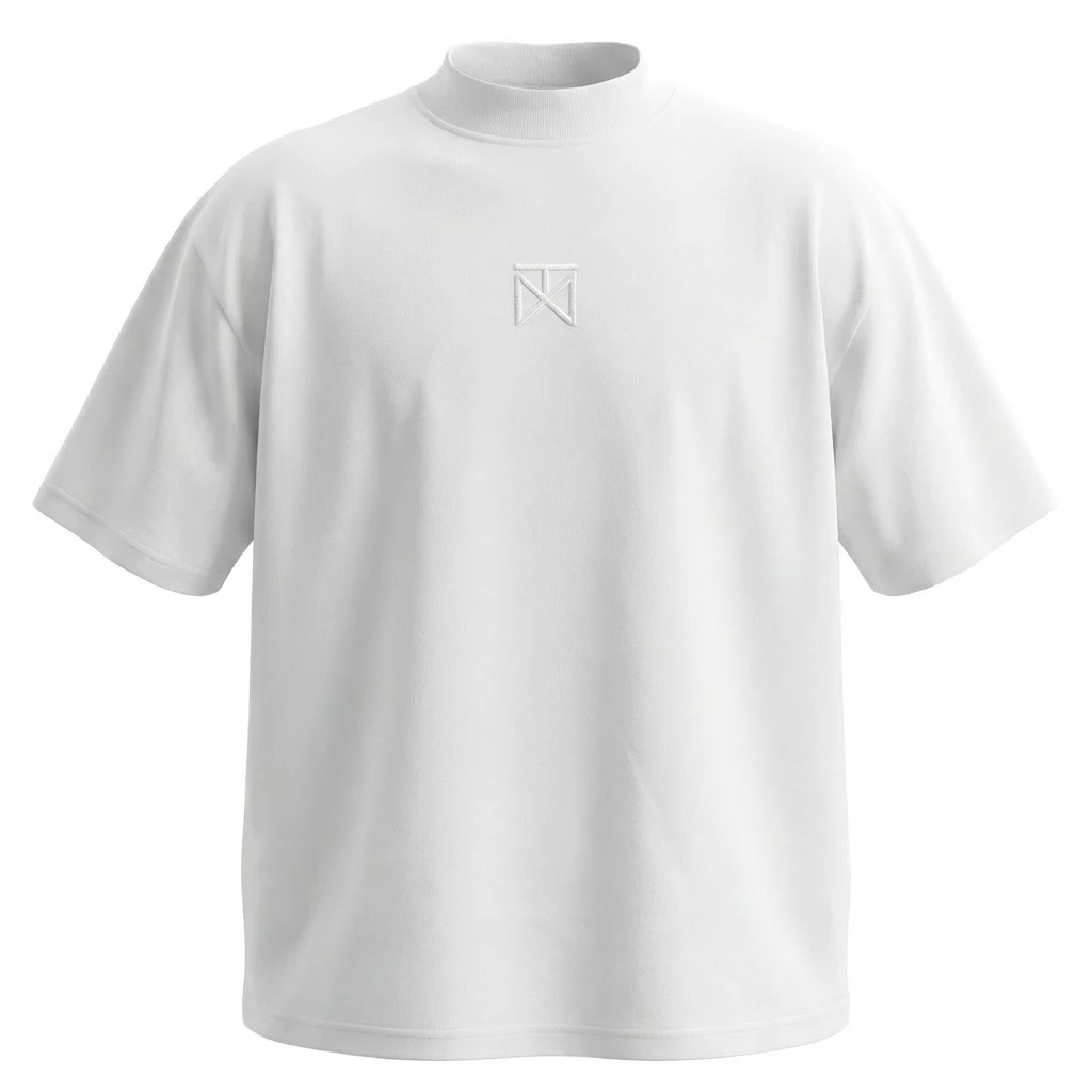 Product mockup of the white Timeless tee, front