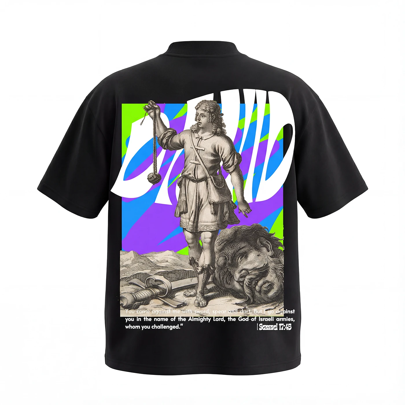 Product mockup of the black Timeless tee, back print