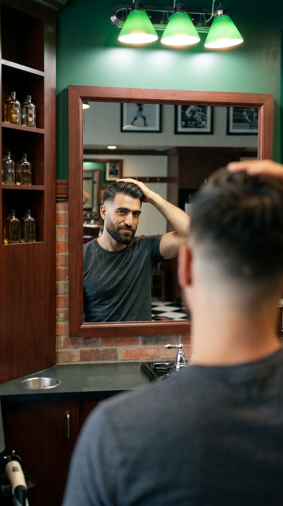 Client checking his new cut in the mirror